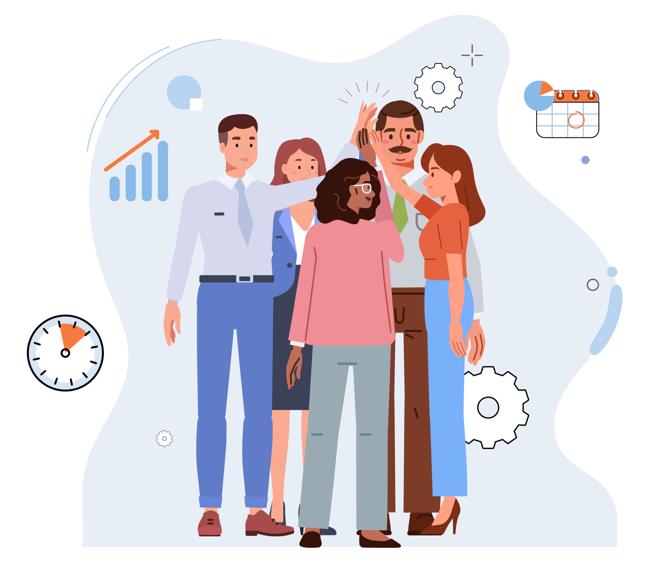 An illustrated group of five diverse professionals standing together, smiling, and high-fiving in a celebratory gesture. Surrounding them are icons representing PPM productivity and teamwork, including a clock, bar chart with an upward trend, calendar, and gears. The background features abstract design elements, reinforcing themes of collaboration, efficiency, and success.