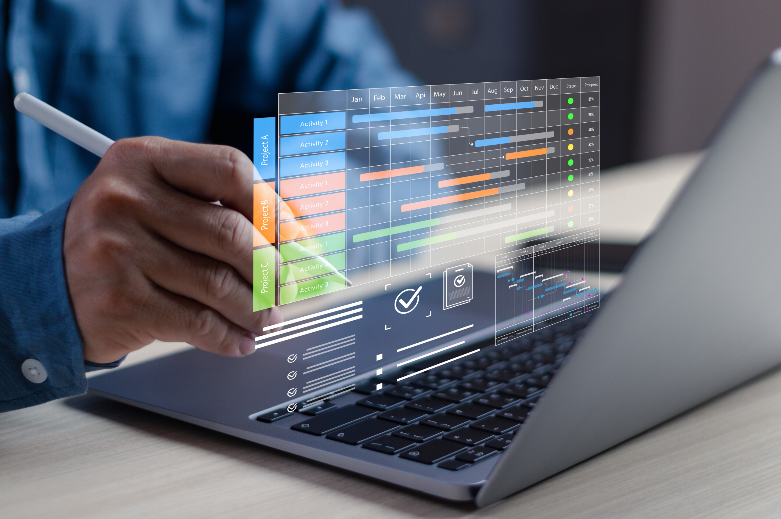 Businessman using digital project management dashboard with Gantt chart on laptop, planning workflow, tracking task, analyzing timeline for productivity, strategy, team collaboration in modern office